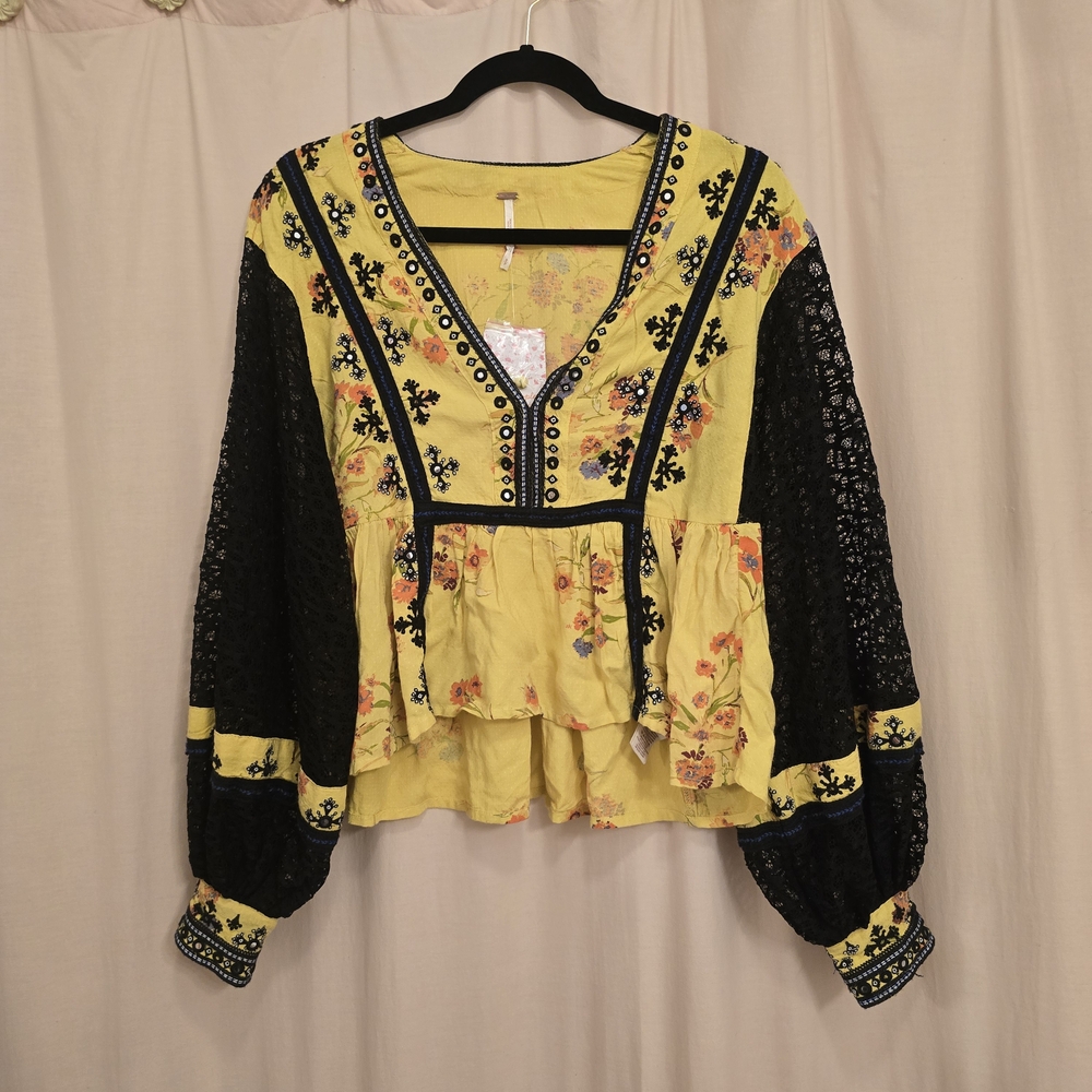Embroidered Yellow and Black Women's Top